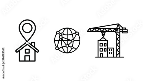 Real Estate and Construction Icon Set with House Location Pin, Global Network Grid