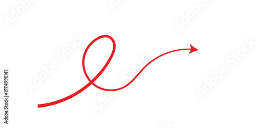 Vibrant red arrow with a curved trajectory moving upwards and to the right,