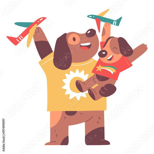 Dog and son playing with airplanes