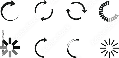 Black-and-white vector illustration of circular loading and refresh icons with arrows, segmented rings, and radial bars, symbolizing digital process and interface themes