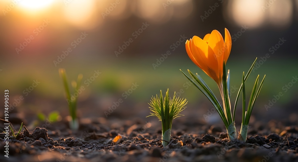 Obraz premium Close-up of vibrant orange crocus flower in bloom, bathed in golden sunlight