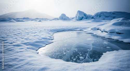 A serene arctic landscape features a partially frozen pond reflecting the cold, clear sky with distant ice-covered mountains.