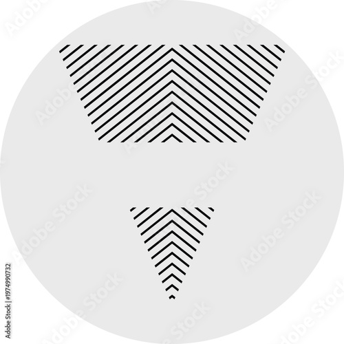 Abstract geometric design with two inverted V-shapes composed of parallel diagonal lines on a white circular background.