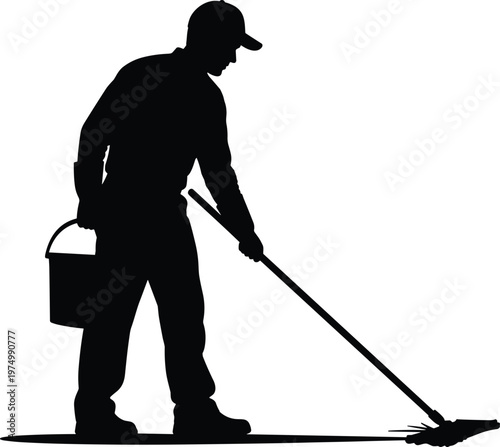 Man Cleaning Floor with Mop and Bucket Silhouette Vector Illustration Janitor Worker Minimal Maintenance Design Isolated on White Background for Household Service Concept