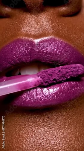 A close up view of a person wearing vibrant purple lipstick on their lips