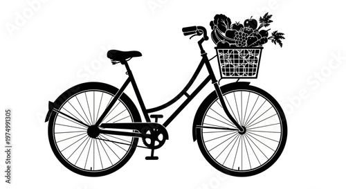 Black bicycle vector, bicycle with basket, cycling icon, transportation illustration, city bike