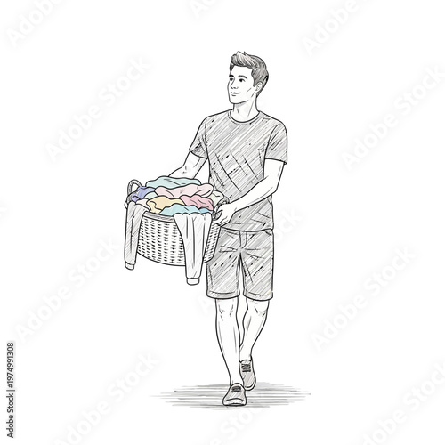 Man carrying laundry basket full of clothes
