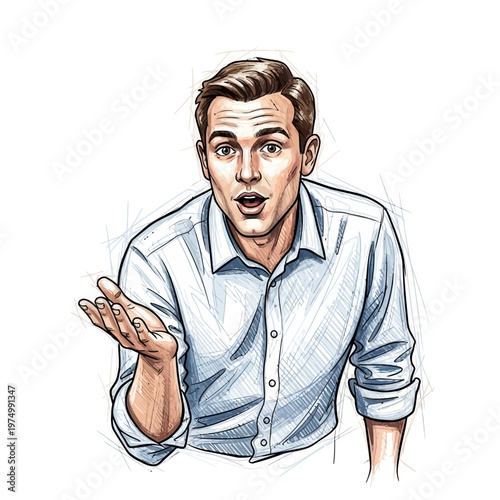 Man in White Shirt Gesturing and Speaking with Open Mouth