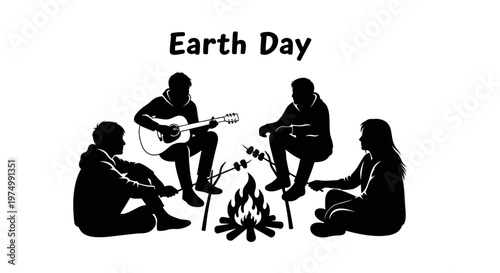 Earth Day, eco friendly, environmental awareness, silhouette people, campfire gathering, vector icons