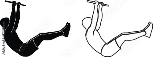 Calisthenics Silhouette Set with Man Performing Hanging Leg Raise and L-Sit Abdominal Exercise on Pull-up Bar.