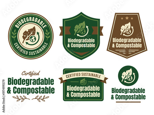 Biodegradable and compostable product label emblem set, eco-friendly certification badges with leaf icons
