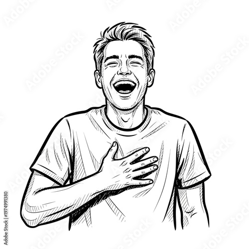 Man Laughing Heartily with Hand on Chest, Expressing Joy and Amusement