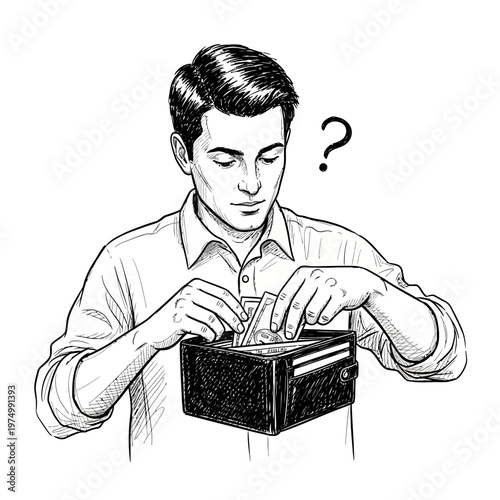 Man looking confused at his wallet with money and question mark