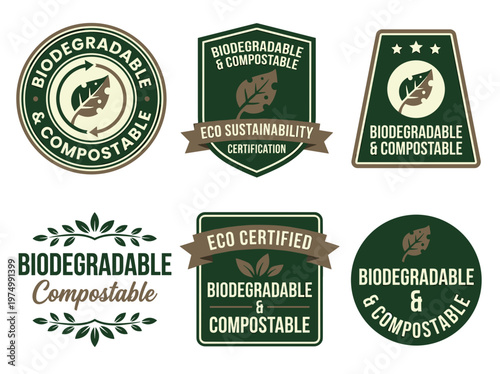 Sustainable product packaging badges, biodegradable and compostable emblem collection with natural leaf motifs