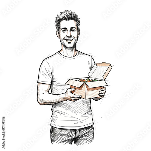 Smiling Man Holding Open Takeaway Food Box with Healthy Meal