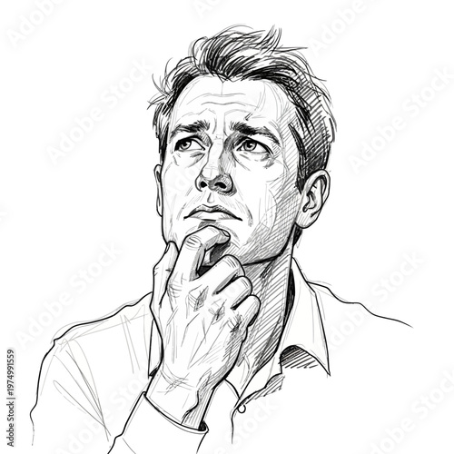 Thoughtful man with hand on chin looking up, sketch style