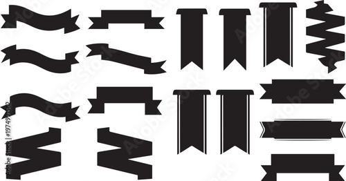 Vintage black ribbon banners set, decorative heraldic flag silhouettes, 14 vector ribbon elements for graphic design and branding isolated PNG with Transparent Background