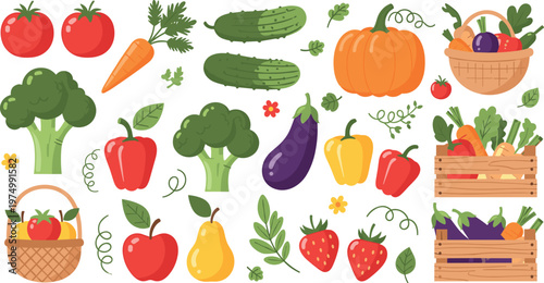 Fresh vegetables and fruits collection with tomato carrot broccoli pumpkin eggplant basket cartoon healthy food illustration set