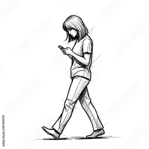 Woman walking and looking at smartphone
