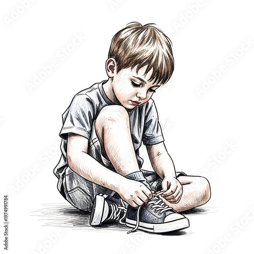 Young boy tying shoelaces on sneakers, sitting on floor, focused expression