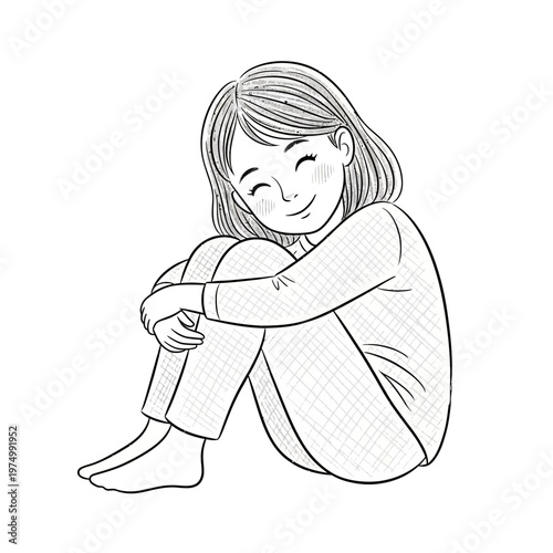 Young woman hugging knees, smiling peacefully, feeling cozy and content