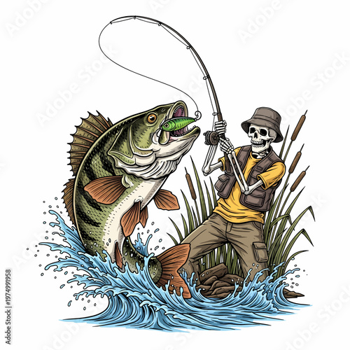 Skeleton fisherman catching a large perch fish in the lake with vintage woodcut style illustration