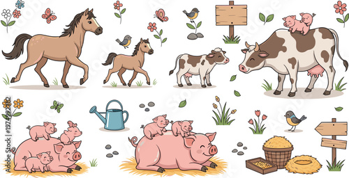 Farm animals collection with horses cows pigs barnyard elements flowers and signs cartoon rural agriculture illustration set