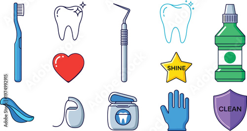 Dental Hygiene Icons Set with Toothbrush, Tooth, Dental Floss, Mouthwash, Clean, and Oral Care Symbols for Dental Health and Cleanliness