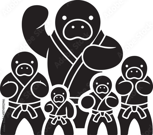 Five adorable platypus-like cartoon characters in martial arts uniforms and belts vector illust