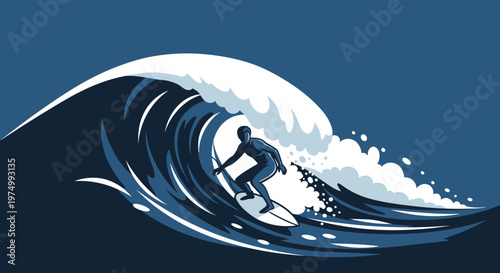Dynamic Surfer Riding A Barrel Wave In Stylized Ocean Art