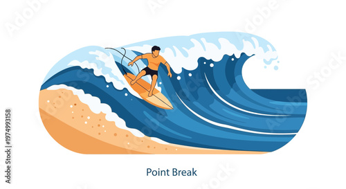 Dynamic Surfer Riding A Barrel Wave On A Tropical Beach