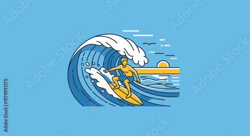 Dynamic Surfer Riding A Crashing Ocean Wave Under A Coastal Sunset