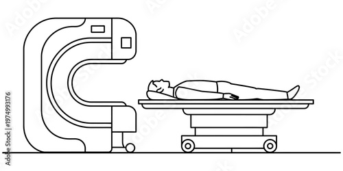 A black and white line drawing of a patient lying on a table for an open mri scan procedure.