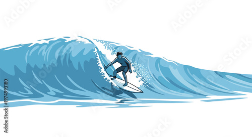 Dynamic Surfer Riding A Crashing Ocean Wave In A Stylized Illustration