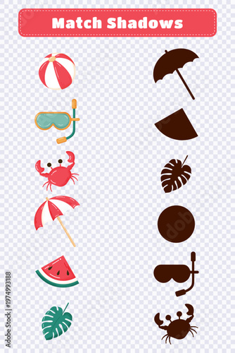 Educational game for kids on transparent background. Match shadows: summer.Preschool educational activity worksheet.Illustration for kids books and workbooks. Logical quest for children. Vector 