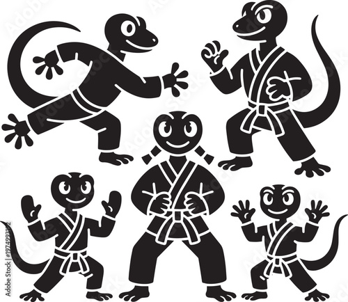 Five cartoon geckos in martial arts poses for karate and playful for dark and kung fu
