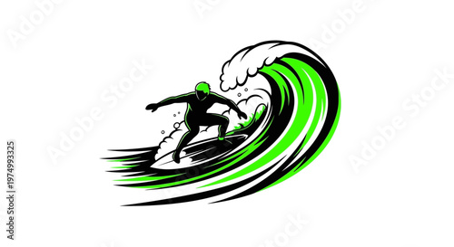 Dynamic Surfer Riding A Neon Green Wave Minimalist Graphic Art