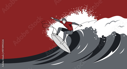 Dynamic Surfer Riding A Monstrous Wave In A Bold Stylized Illustration