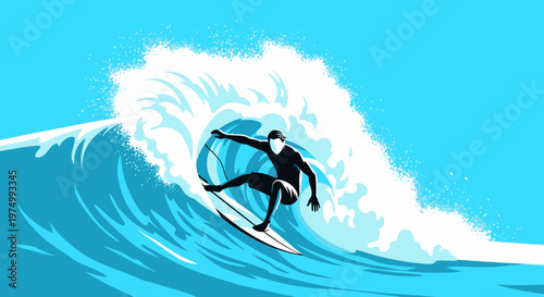 Dynamic Surfer Riding A Perfect Wave In A Stylized Ocean Scene