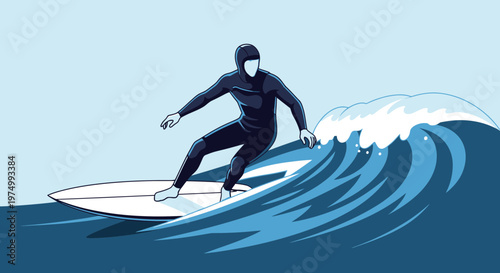 Dynamic Surfer Riding A Powerful Ocean Wave Illustration