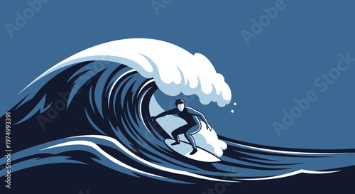 Dynamic Surfer Riding A Powerful Ocean Wave In Stylized Illustration