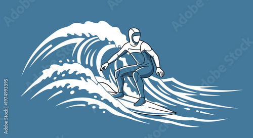 Dynamic Surfer Riding A Powerful Ocean Wave In A Stylized Graphic