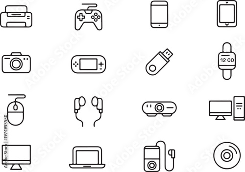 Group of digital technology and gadget icons with music player technology computer wireless internet networking