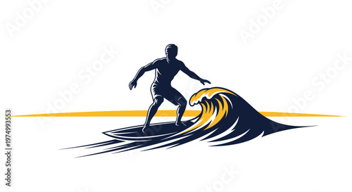 Dynamic Surfer Riding A Stylized Wave Emblem Athletic Design