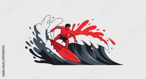 Dynamic Surfer Riding A Stylized Wave Illustration