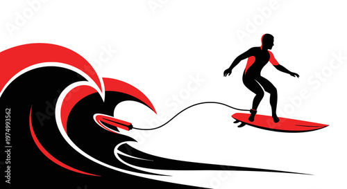 Dynamic Surfer Riding A Stylized Wave With Bold Red Accents