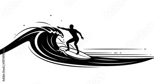 Dynamic Surfer Riding A Stylized Wave Silhouette