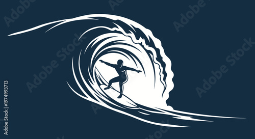 Dynamic Surfer Riding Inside A Barrel Wave In Minimalist Style