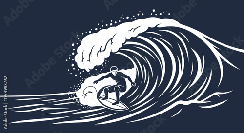 Dynamic Surfer Riding Majestic Wave Stylized Illustration