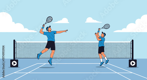 Dynamic Tennis Match with Two Players Executing Powerful Strikes